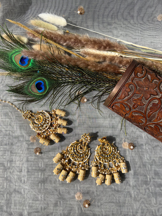 SKU72 Kundan Earring and Maang Tikka set - Caramel Cream