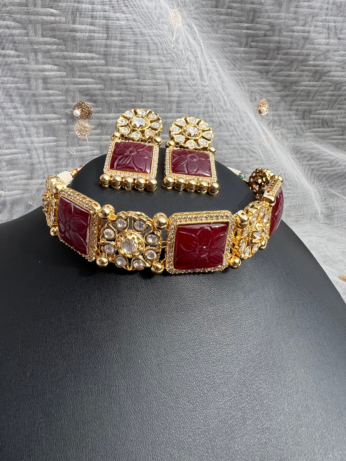 SKU35 Square Stone Choker Set - Ruby