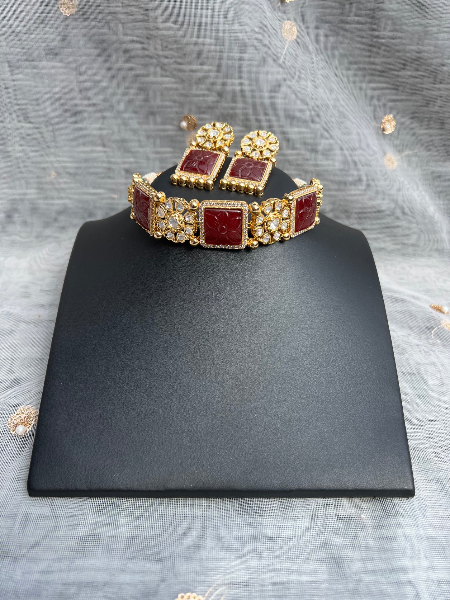 SKU35 Square Stone Choker Set - Ruby