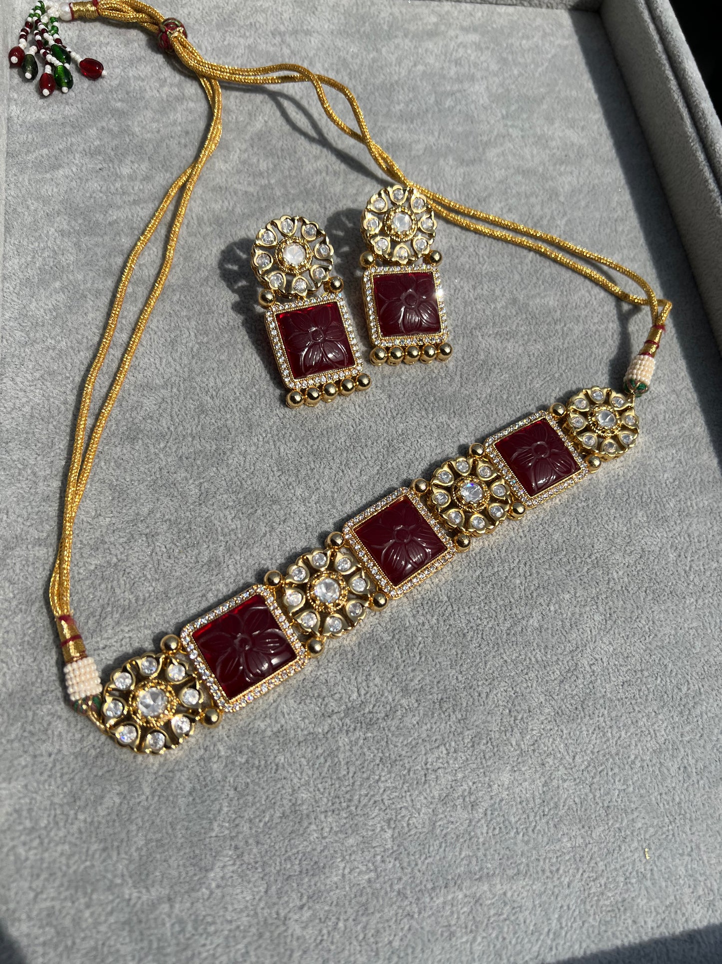SKU35 Square Stone Choker Set - Ruby