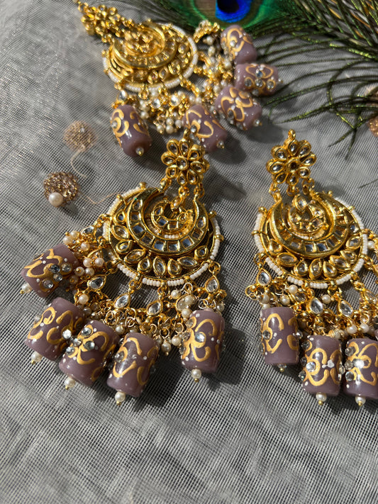 SKU70 Kundan Earring and Maang Tikka set - Mauve