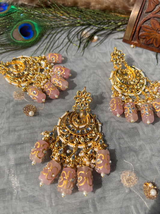 SKU66 Kundan Earring and Maang Tikka set - Pink