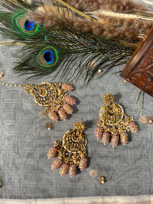 SKU66 Kundan Earring and Maang Tikka set - Pink