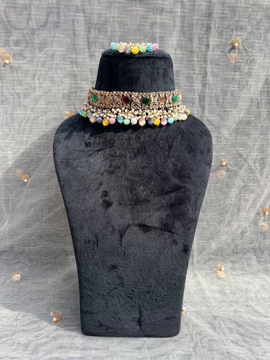 PY146 Multicoloured Polki Necklace set