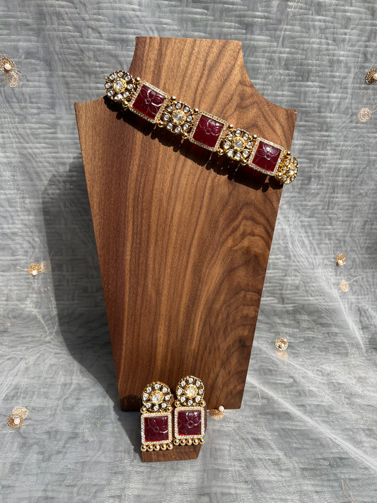 SKU35 Square Stone Choker Set - Ruby