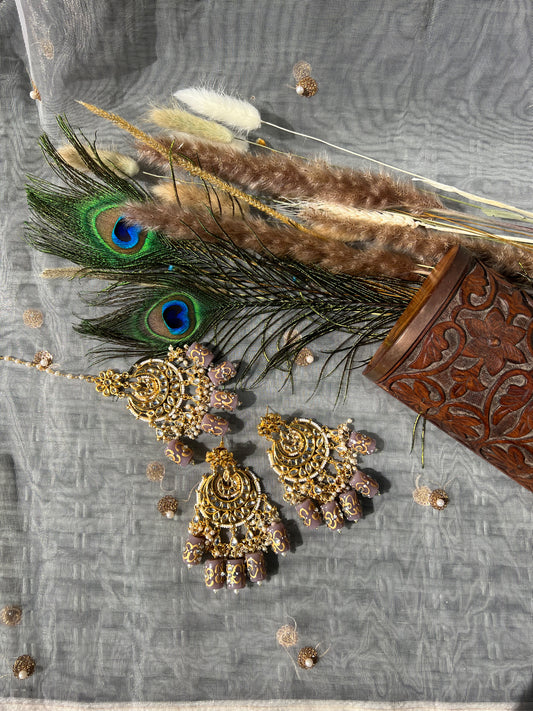 SKU70 Kundan Earring and Maang Tikka set - Mauve